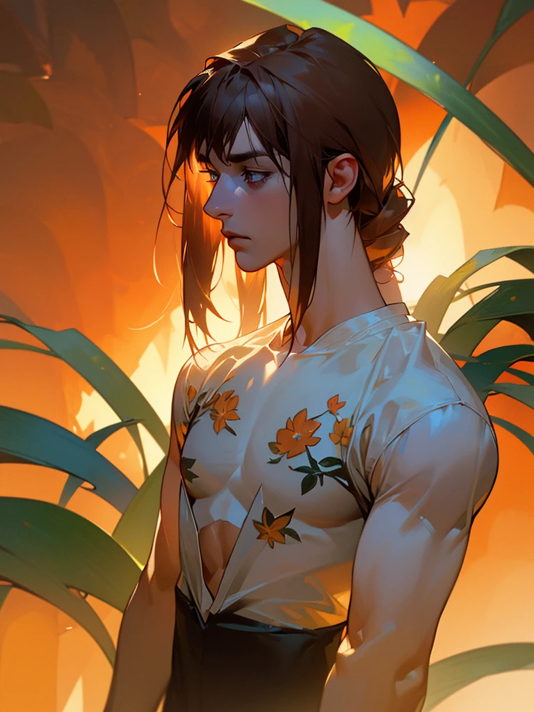 1 young teen boy, detailed boy, muscular boy, brown hair, blue eyes, twink, small waist, big arms, chiseled abs, big voluptuous chest, body wrapped in beautiful flower vines, see-through clothes, in a blank room, sunset beautiful floral field, (best quality,4k,8k,highres,masterpiece:1.2),ultra-detailed,(realistic,photorealistic,photo-realistic:1.37),HDR,UHD,studio lighting,ultra-fine painting,sharp focus,physically-based rendering,extreme detail description,professional,vivid colors,bokeh,portraits,fantasy,dramatic lighting,dramatic colors,floral,lush flowers,floral vines,gossamer,ethereal,dreamlike,half body