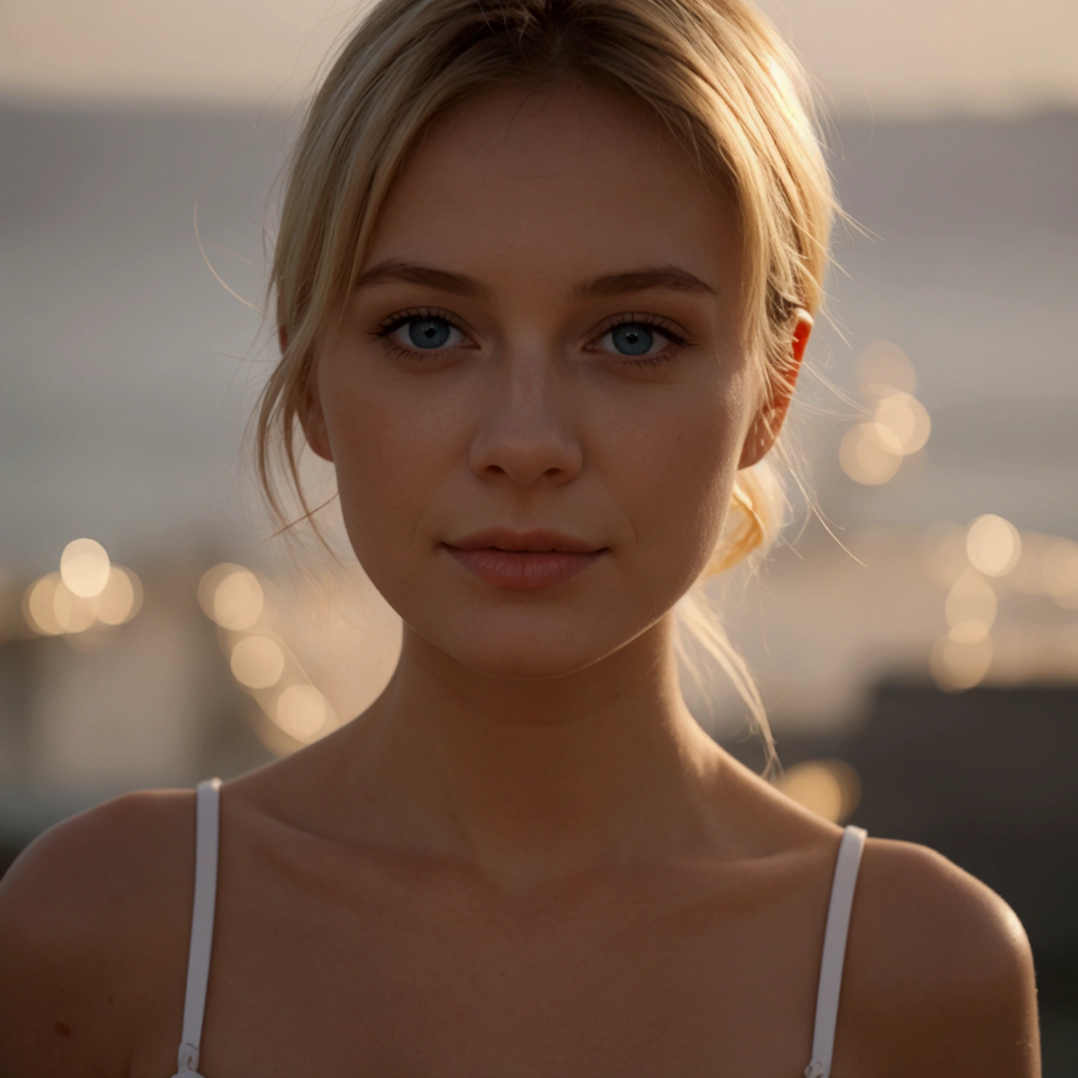 Une fille blonde nue avec un très joli corps fin et une jolie poitrine, nue, totallement nue, sur une terrasse ensoleillée, éclairage parfait, bijoux, se maquiller, 24mm, textures 4k, regarder le spectateur, établir un contact visuel, ultra réaliste, 8k, reflex numérique.