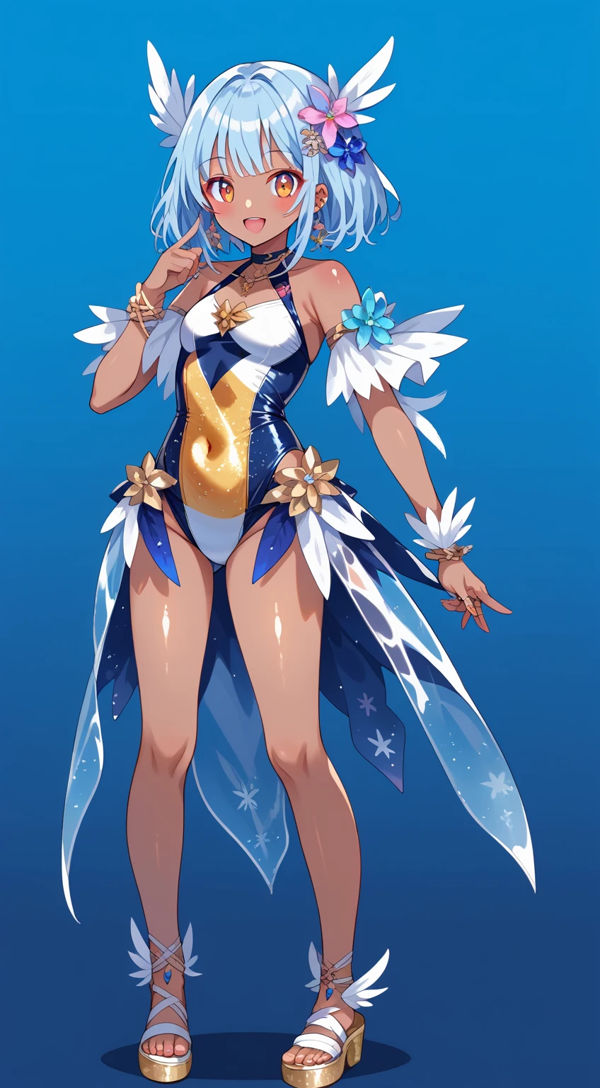 score_9, score_8_up, score_7_up, source_anime,masterpiece, best quality, high resolution, extremely detailed CG, absurdres, highres, 1girl, a dark skin girl in a swimsuit, posing at the beach, (((light blue hair))), golden_decorations, feathers on swimsuit, asymmetric swimsuit, ((glitter swimsuit, shiny swimsuit)), Ombre swimsuit, gorgeous, single thighhigh, beach and blue sky in background, ((((transparent_dress)))),Colorful portraits, happy,AissistXLv2