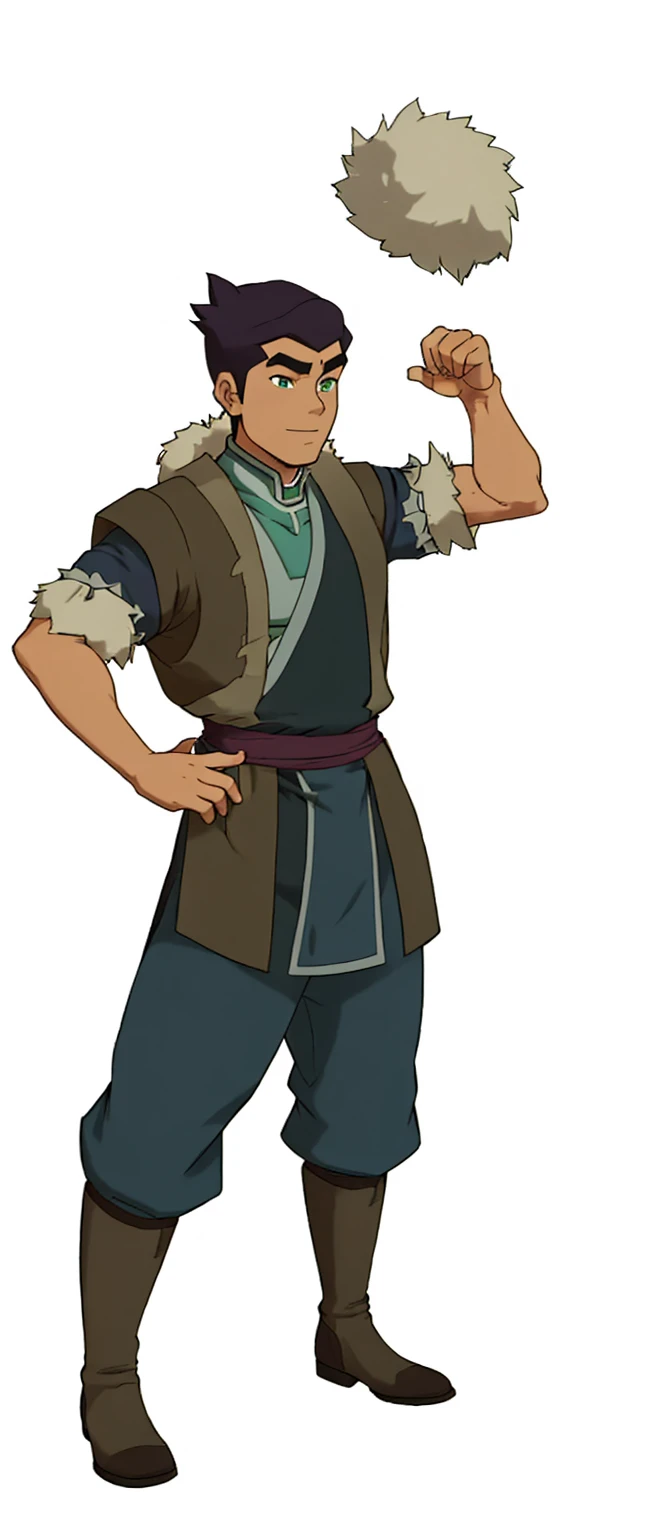 African-American, Bolin, water tribe traditional clothing mixed of blue and purple, with fur in shoulders and neck. Long sleeve, skinny, water tribe outfit. The character is wearing a blue, short-sleeved tunic with gold trim and fastenings down the front and fur collar, and fur on the shoulders. He has on dark purple pants tucked into knee-high boots. A green sash is tied around his waist. The overall style appears to be inspired by traditional East Asian clothing designs.