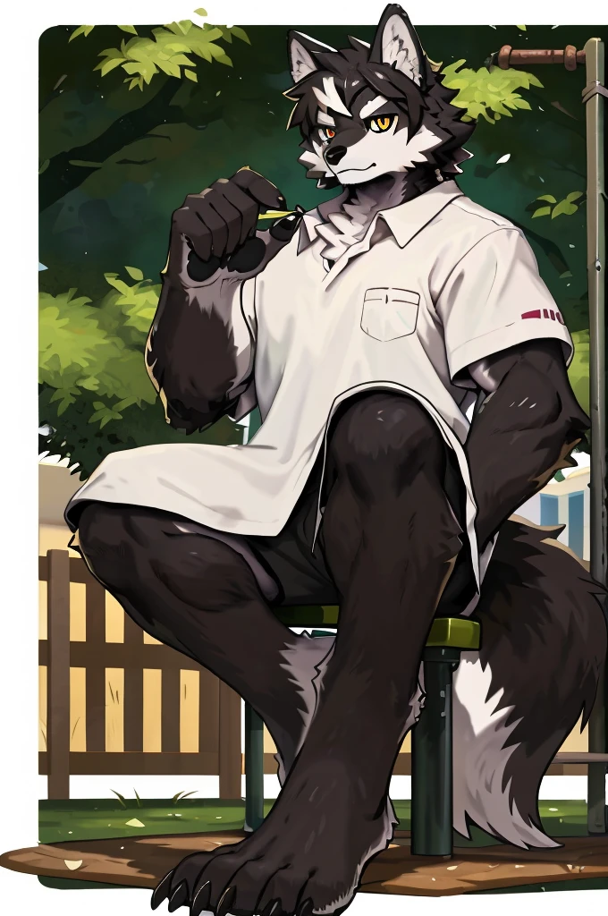 (Strong arms),(Strong legs),masterpiece, best quality, Official Art, Extremely detailed CG unified 8k wallpaper, Ultra Detailed, Best Illustration, , Ink fur, hairy male, Wolf Boy, hairy, Ink fur, 1 Boy,, male focus,, Striped hair, Wolf ears, Animal ears, Single speaker, Ink fur, Bangs, dark hair, White highlights, Medium Hair, Solitary, Ink tail,hairy尾巴,(Black pupil),High target,(In a school playground),,barefoot,(Sexy),((High target and strong)),side,(Delicate eyes:1.2),Inky eyes,male,Solitary,(Inky pupils),(Detailed face),(Sharp eyes),Permanent,(Detailed hands),(Foot details),aldult,type,Moderate,Long legs,(Detailed fingers),(Delicate eyes),(White shirt),(Black shorts),easy,