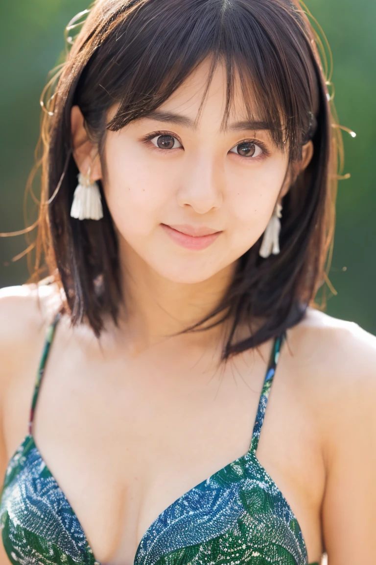 (8K, RAW Photos, Highest quality, masterpiece: 1.2), Super detailed, Super Resolution, (Actual Photos: 1.37), High-resolution RAW color photos, Professional photos, Official Art, Highly detailed CG Unity 8k wallpaper, Beautiful Japanese Women, Age 25, Highly detailed face, Highly detailed eyes, Highly detailed skin, Highly detailed nose, Highly detailed mouth, Perfect Anatomy, Highly detailed background, Very elaborate clothing, One Girl, Famous Japanese actresses, Realistic body, White skin, Glowing Skin, Slender body, Very small waist, Handsome body, brown hair, {short|length} hair, (鈍い前hair:1.2), Cute face, smile, Realistic Face, bikini、Earrings, looking at the camera, Cowboy Shot, Standing posture, Dynamic Lighting,
