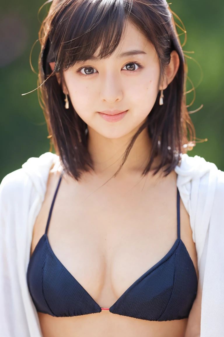 (8K, RAW Photos, Highest quality, masterpiece: 1.2), Super detailed, Super Resolution, (Actual Photos: 1.37),  High-resolution RAW color photos, Professional photos, Official Art, Highly detailed CG Unity 8k wallpaper, Beautiful Japanese Women, Age 25, Highly detailed face, Highly detailed eyes, Highly detailed skin, Highly detailed nose, Highly detailed mouth, Perfect Anatomy, Highly detailed background, Very elaborate clothing, One Girl, Famous Japanese actresses, Realistic body, White skin, Glowing Skin, Slender body, Very small waist, Handsome body, brown hair, {short|length} hair, (鈍い前hair:1.2), Cute face, smile, Realistic Face, bikini、Earrings, looking at the camera, Cowboy Shot, Standing posture, Dynamic Lighting,