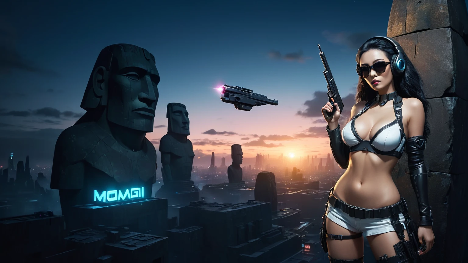 At night, dark sky, distant shot aerial view of fantasy cyberpunk style ((Moai-statue)) city, ((flying vehicle)). ((1girl, solo, alone)), medium-breast:1.1 slim body, cleavage, sexy clothes, (headphone, black sunglasses, long black realistic hair), (((hip-up standing and holding pistol))), half-body thigh level medium shot, cinematic lighting.