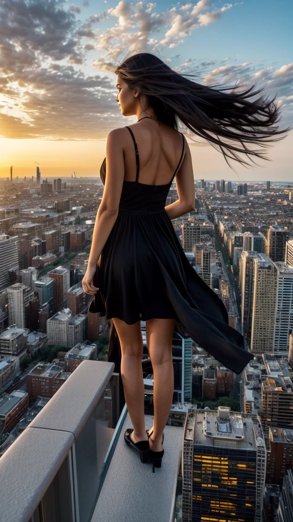 “A dynamic, high-resolution aerial view from the rooftop of a skyscraper. A beautiful long-haired girl with black hair stands with her back to the viewer, her floating hair catching the wind. She gazes down at the city below. The scene includes the vast sky, clouds, and a setting sun, casting a cinematic glow over the cityscape. Capture the intricate details and the grandeur of the urban landscape.”