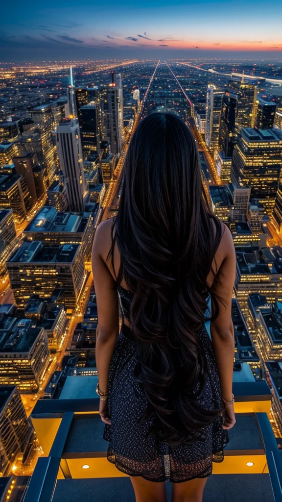 “A dynamic, high-resolution aerial view from the rooftop of a skyscraper. A beautiful long-haired girl with black hair stands with her back to the viewer, her floating hair catching the wind. She gazes down at the city below. The scene includes the vast sky, clouds, and a setting sun, casting a cinematic glow over the cityscape. Capture the intricate details and the grandeur of the urban landscape.”