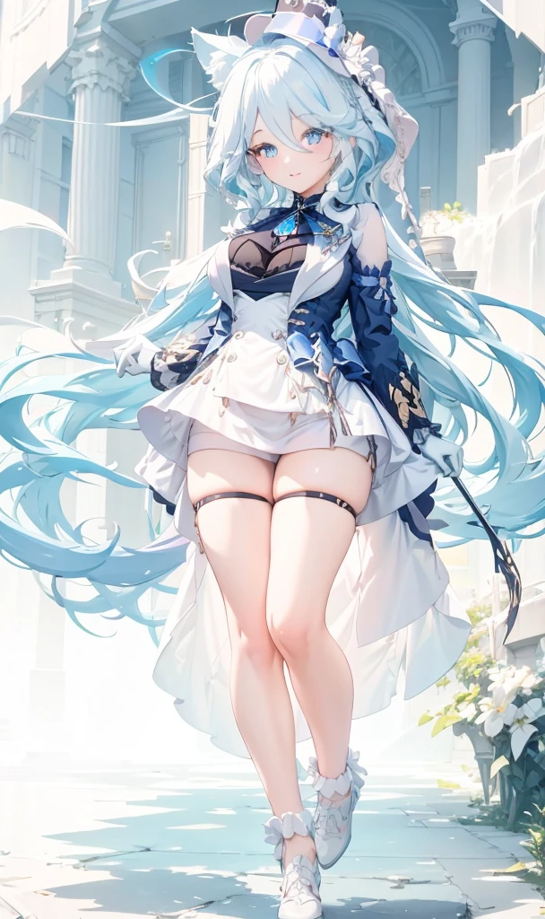 tmasterpiece,with a pure white background,8K art photography, realism concept art, Soft, Natural volume cinematic perfect light, epic, Popular topics on artstationh, a vibrant one, production cinematic character render, super high-quality model, lightand shade contrast,1 plump girl, Bigchest,Raised y,Forina,has clerk blueeyes, diamond-shaped pupils,, hair adornments,,blue high hat,
Cat ears,It's a perfect face,Skin glows,Beautiful flowing long hair, Large breasts,expre shoulders,slim toned body,What a sexy figure,temptipose,Tight white shirt witegs long,
