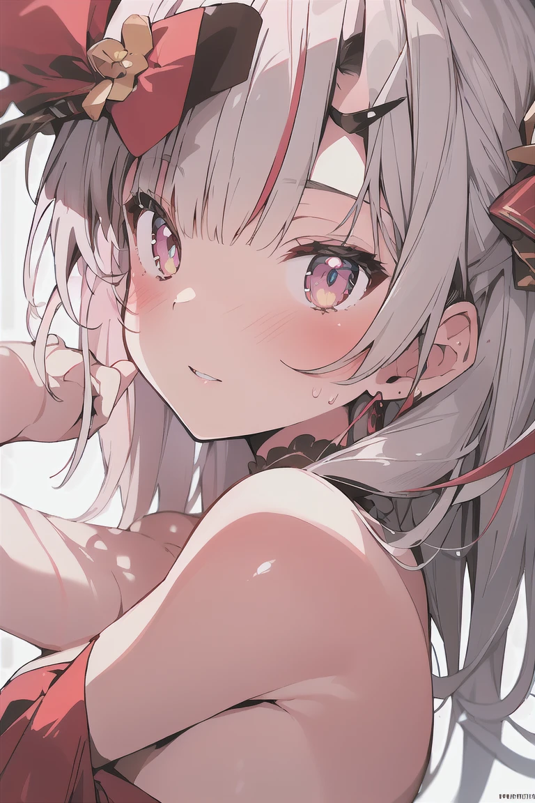 (best quality), (Super detailed), (Best Illustration), (masterpiece), score_9, score_8_up, score_7_up, (4k), (1woman), (nude), (detailed eyes), grin, blush, hololive, parted lips, nakiri ayame,
