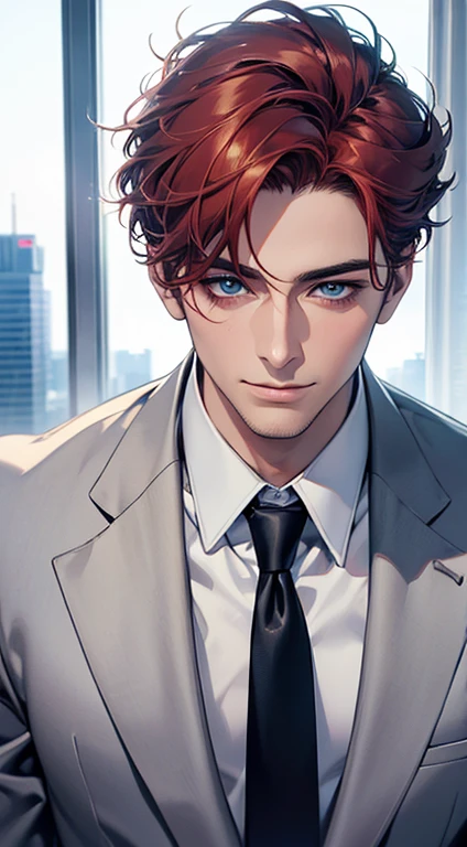 (Highest quality,4K,8K,High resolution,masterpiece:1.2),Super detailed,(Realistic,photoRealistic,photo-Realistic:1.37),1 person,31 years old,Mature Men,Beautiful skin, very handsome,Expressionless,smile in love,Short gray red hair,blue eyes,Sharp Eyes,A perfect face without a doubt,Businessman, CEO,Office Background,Cinema Lighting,HDR image,tie、