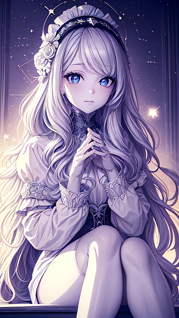 ((best quality)), ((masterpiece)), (detailed), une fille, visage parfait, Longhaire, ((golden hair)), curly hair, decorated cheveux, ultramarine blue eyes, ((((Bellissima, alta definizione, ultra alta risoluzione)))), 1girl, sitting, (long, wavy silver hair), pale skin, ((sparkling azure eyes)), ((starry eyes)), (((detailed face, striking features:0.9))), ((close up)), (indoor, evening, surrounded by stars:0.85)), small breasts, holding a star orb, ((calm expression)), ((perfect hands, delicate fingers)), (((head, upper body view, legs crossed, seated position))), wearing a flowing white robe with star patterns, ((long white gloves)), luminous aura, beautiful lighting, indoors, mystical atmosphere, background, ((defined subject)), 27 years old, (looking at a star map), (((warm))), ((serene)), (((high contrast, starburst effect)))