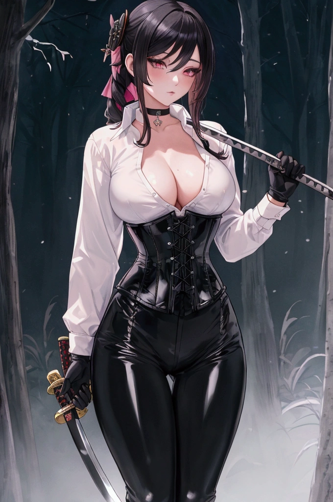 Masterpiece, Beautiful art, professional artist, 8k, Very detailed face, Detailed clothing, detailed fabric, 1 girl, Chiori \(genshin impact\),  View from the front, standing, pose sexy, BIG BREASTS, perfectly drawn body, shy expression, pale skin, beautiful face, long black hair, 4k eyes, very detailed eyes, pink cheeks, choker:1.6, (white long sleeve button down shirt with white collar), black gloves, gloves that cover hands, (holds a katana with his right hand), (black leather corset), (shiny black leggings), Sensual Lips, show details in the eyes, dark forest, Atmosphere, fog, At night