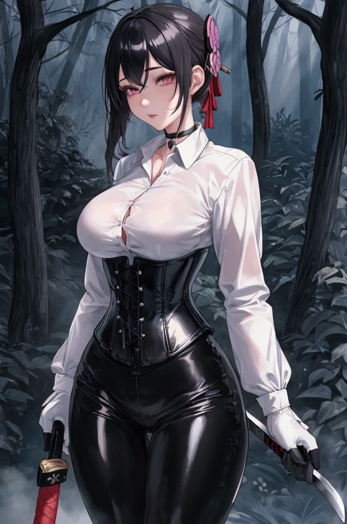 Masterpiece, Beautiful art, professional artist, 8k, Very detailed face, Detailed clothing, detailed fabric, 1 girl, Chiori \(genshin impact\),  View from the front, standing, pose sexy, BIG BREASTS, perfectly drawn body, shy expression, pale skin, beautiful face, long black hair, 4k eyes, very detailed eyes, pink cheeks, choker:1.6, (white long sleeve button down shirt with white collar), black gloves, gloves that cover hands, (holds a katana with his right hand), (black leather corset), (shiny black leggings), Sensual Lips, show details in the eyes, dark forest, Atmosphere, fog, At night