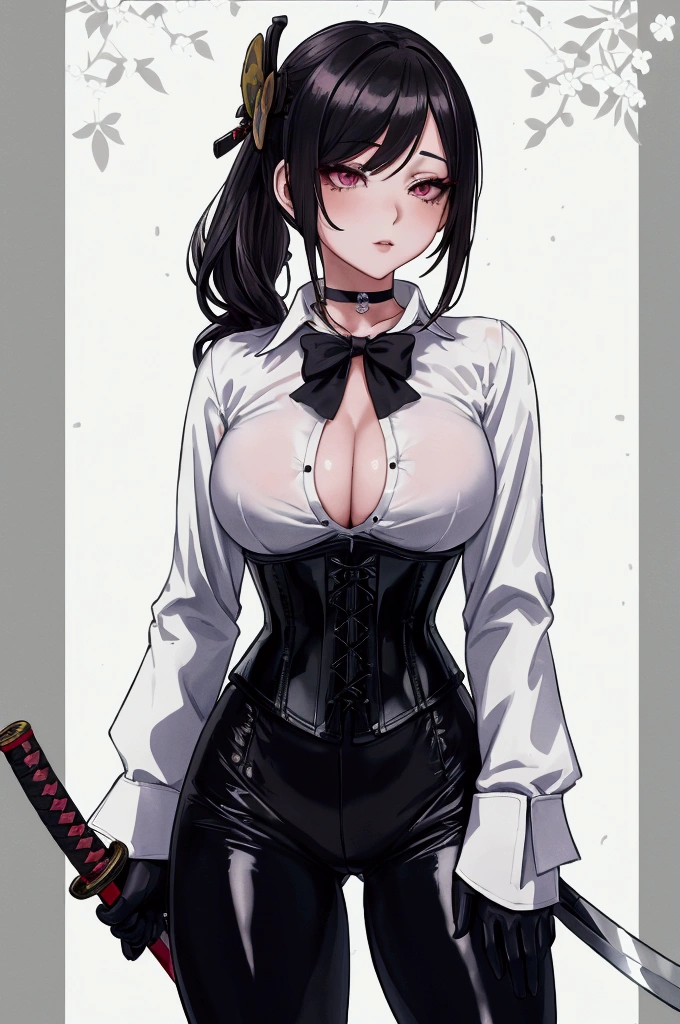 Masterpiece, Beautiful art, professional artist, 8k, Very detailed face, Detailed clothing, detailed fabric, 1 girl, Chiori \(genshin impact\), View from the front, standing, pose sexy, BIG BREASTS, perfectly drawn body, shy expression, pale skin, beautiful face, long black hair, 4k eyes, very detailed eyes, pink cheeks, choker:1.6, (white long sleeve button down shirt with white collar), black gloves, gloves that cover hands, (holds a katana with his right hand), (black leather corset), (shiny black leggings), Sensual Lips, show details in the eyes, dark forest, Atmosphere, fog, At night