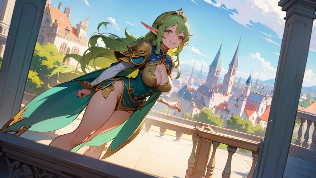 Anime Style,Nostalgic,A detailed background with many people,The medieval world,A palace like a forest,Smiling dancing elf girl,Large Breasts,Healthy thighs,Underarm