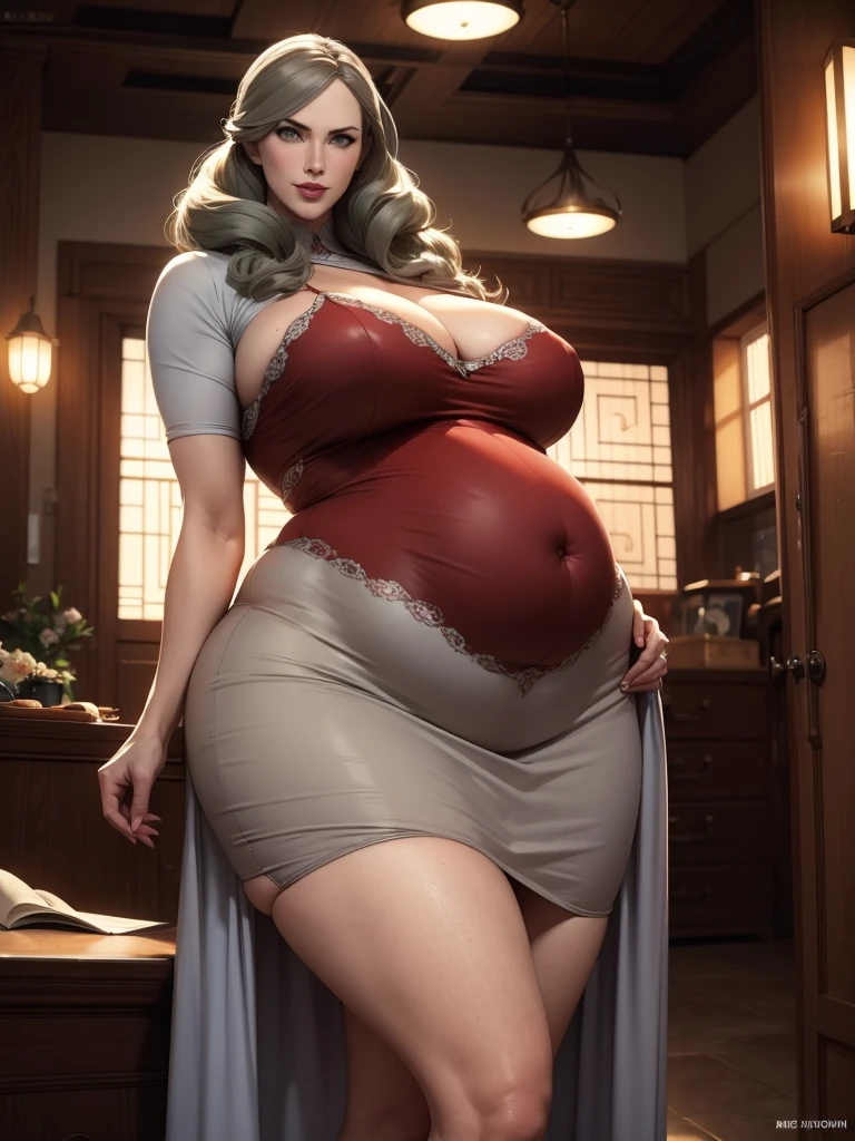 65-year-old female teacher, Long Hair(Gray Hair), Cowboy Shot, Long dress, A light smile, White Stockings, 8K, Green Hair, 8K 円, High quality illustrations, Dynamic Lighting, Exquisite detail, pregnancy９Monthly Women,Nicole Kidman,Mature Woman, Mom Type, Mom Type, Very large breasts:1.7,Curvaceous figure, Bright red lips, Perfect body, Sensual appearance, Curvy Model, Very plump body, Sensual body, Plus Size Women, Attractive plus size model, Illustration of a curved hourglass,blue eyes: 1.7. Shine:1.2,Standing pose,(Glaring at the camera), Nicole Kidman, pregnancy９Monthly Women, Very large breasts:1.7,65-year-old female teacher, Long Hair(Gray Hair), Long dress