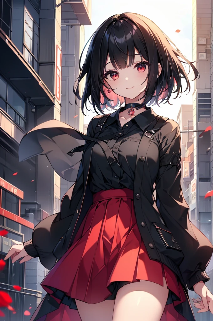 (masterpiece, highest quality, highest quality, (No text), Beautiful and aesthetic:1.2),No text,アニメ、BREAK,One Girl,Black Hair Girl short hair older sister choker Tree Eyes Beautiful eyes Red eyes cool smile Red and Black Black jacket mini skirt whole body In town