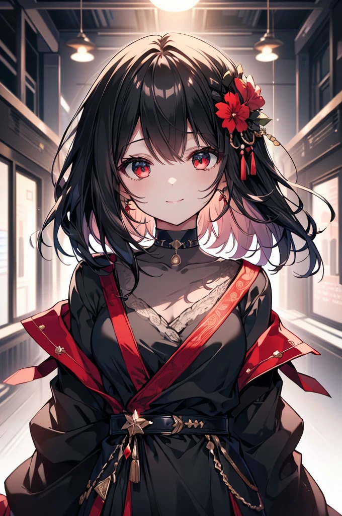 (masterpiece, highest quality, highest quality, (No text), Beautiful and aesthetic:1.2),No text,アニメ、BREAK,One Girl，Black Hair Girl　short hair　older sister　choker　Tree Eyes　Beautiful eyes　Red eyes　cool　smile　Red and Black　Black jacket　mini skirt　whole body　In town
