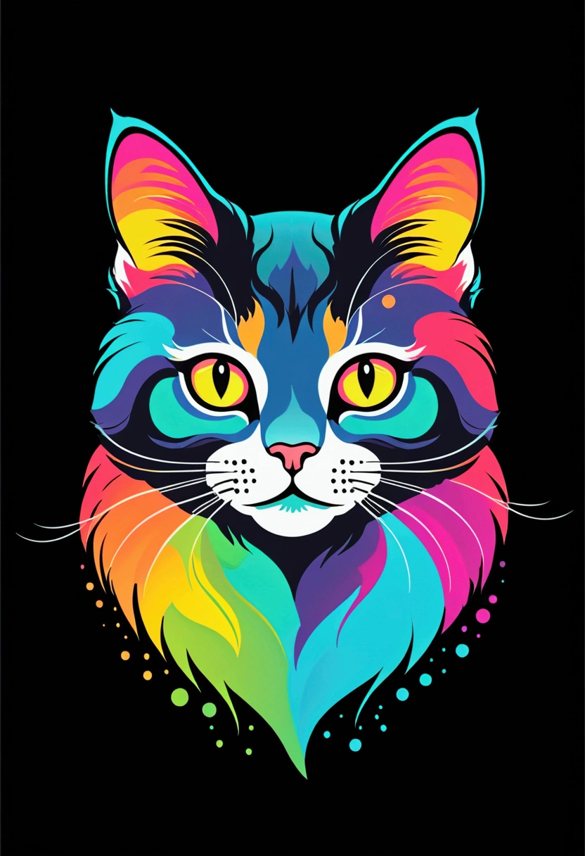 A small cat in a colorful logo, Minimalist cute kitten head vector art logo illustration, 正面, magical, Sharp design, soft, Monochromatic color, Dark magical colorful splash paint, t shirt design, Studio Ghibli style, o design deve ser arte vetorial . Usando Adobe Illustrator, Create a cleanse, Logotipo simples, but captivating. Keep the design focused on the cat's eye, Capture your uniqueness and charm. The logo should evoke a sense of sophistication and tranquility. The overall aesthetic should be sleek and modern, Relevant to your brand and logo goals, black backgrounds, ((Symmeter))