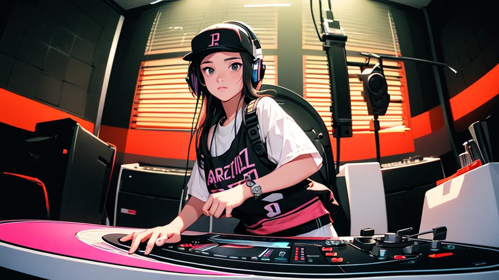 Battle DJ girl in HIPHOP fashion wearing DJ headphones,Front view , Turntablist, DJ Scratch, In front of her is a music mixer and a turntable.、A record is placed on the turntable,ターンテーブルはTechnics SL-1200MK7, JQBert,