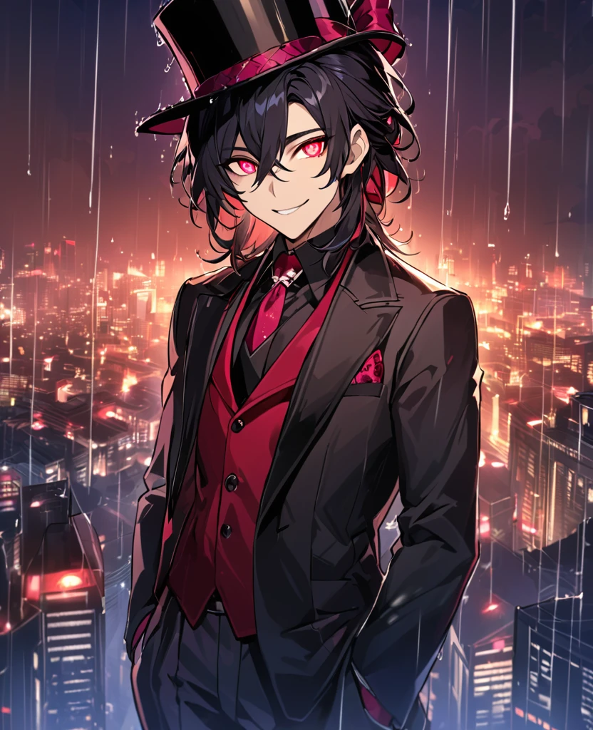  (black_hair), (deep_ruby_eyes), (detailed_eyes), (smile), (attractive), (night_city_background), (raining), (glowing_eyes), (male), (wearing _a_black_suit), (long_male_hair), (detailed_Hair), (detailed), (detailed_mouth), (top_hat), (close_up)