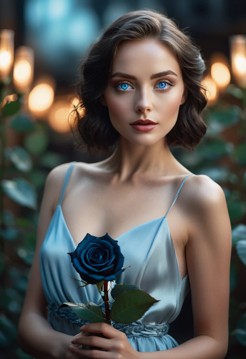 a woman with blue eyes, flawless skin, half body shot, holding a black rose, whimsical photography style, captured with an Arriflex 35BL camera using Canon K25 prime lenses, cinematic, dramatic lighting, ultra clear, breathtaking surreal masterpiece.