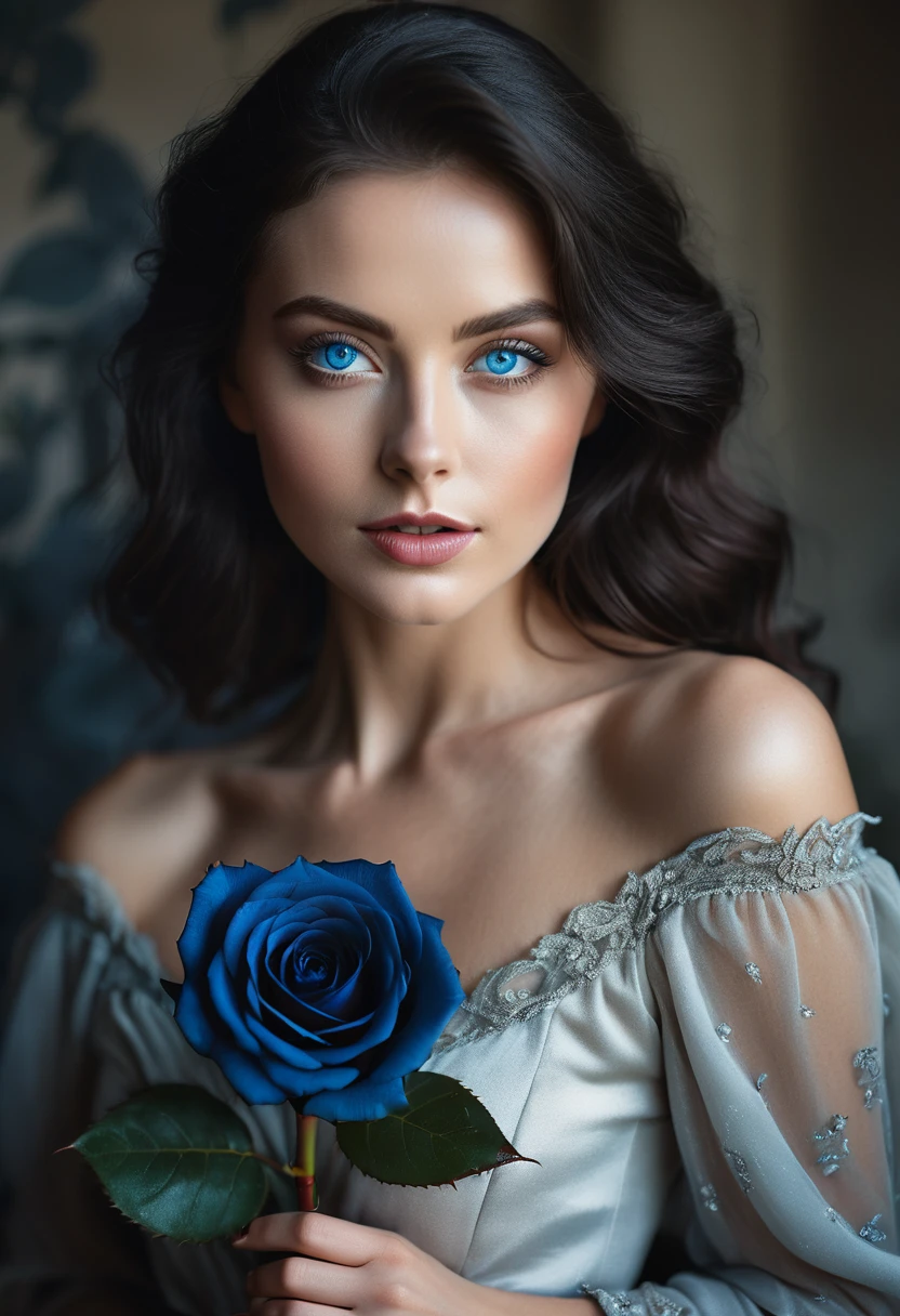 a woman with blue eyes, flawless skin, half body shot, holding a black rose, whimsical photography style, captured with an Arriflex 35BL camera using Canon K25 prime lenses, cinematic, dramatic lighting, ultra clear, breathtaking surreal masterpiece.