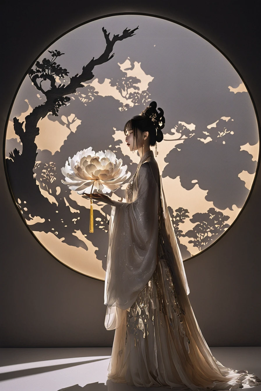 Vibrant rim light, In a country full of magic, Silhouette of a Chinese girl illuminated, Gorgeous and luxurious Hanfu,As if radiating light from the inside out, Floating elegantly in this fantasy space. mysterious clouds, shimmering gold and silver, surround her, Reminiscent of the immortals descending into the mortal world. in her slender hands, She holds a radiant peony in her hand, its glow contrasts with its shadow. The moment the petals dance in the wind, Cast a playful shadow, Beautifully immortalized by artists. Glowing lights and shimmering shadows dance around her body, Evoking the elegance of traditional ink painting, But the dynamic interplay of light and dark. This masterpiece combines the vision of a modern artist, Use the brilliance of Hanfu to highlight the strong dramatic effect of light and shadow, Produce extremely abstract and bright artwork. luxury, avant-garde, chic, editorial, magazine style, professional, intricate details, ambient lighting, rake light., bright rim light, high contrast, bold rim light