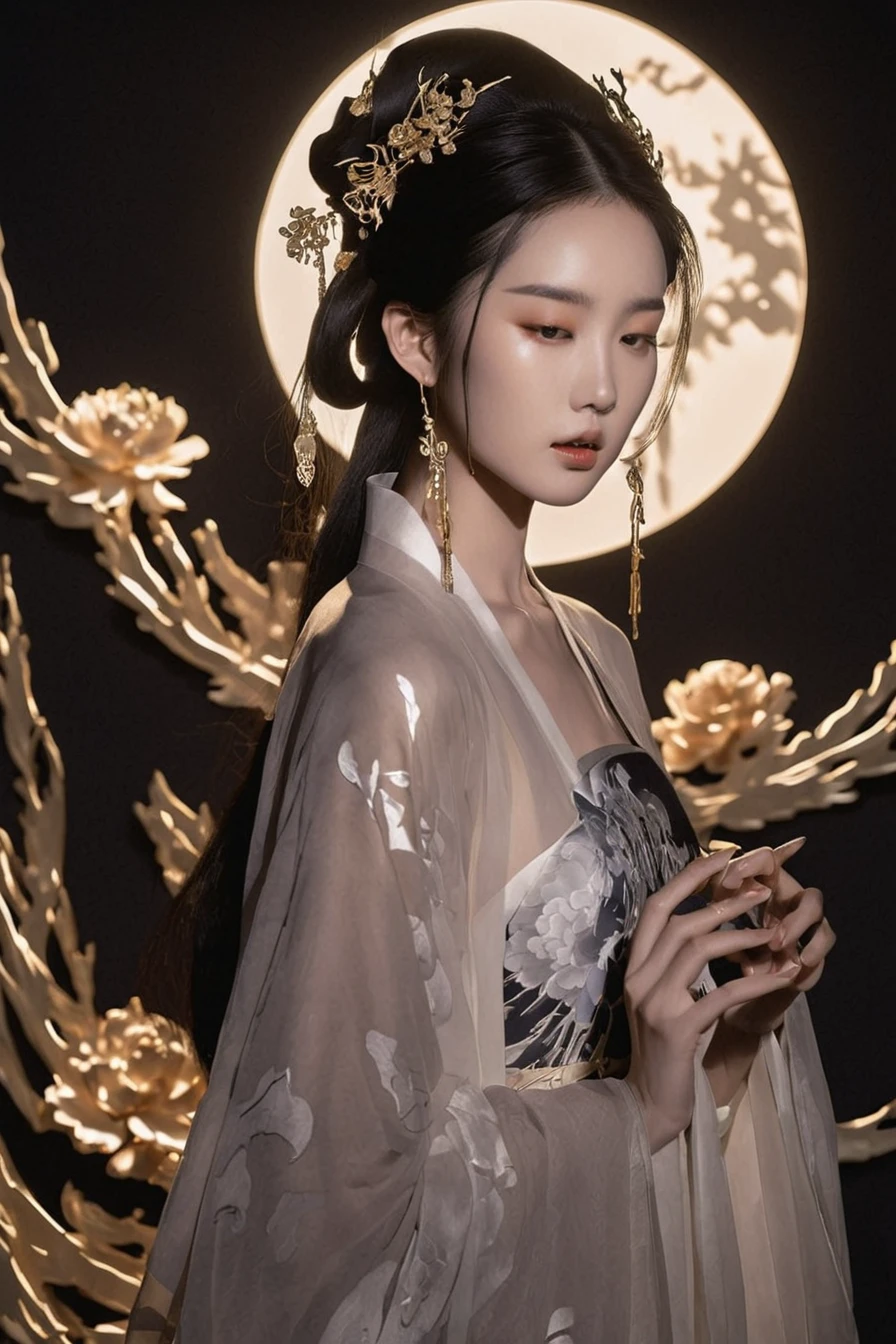 Vibrant rim light, In a country full of magic, Silhouette of a Chinese girl illuminated, Gorgeous and luxurious Hanfu，As if radiating light from the inside out, Floating elegantly in this fantasy space. mysterious clouds, shimmering gold and silver, surround her, Reminiscent of the immortals descending into the mortal world. in her slender hands, She holds a radiant peony in her hand, its glow contrasts with its shadow. The moment the petals dance in the wind, Cast a playful shadow, Beautifully immortalized by artists. Glowing lights and shimmering shadows dance around her body, Evoking the elegance of traditional ink painting, But the dynamic interplay of light and dark. This masterpiece combines the vision of a modern artist, Use the brilliance of Hanfu to highlight the strong dramatic effect of light and shadow, Produce extremely abstract and bright artwork. luxury, avant-garde, chic, editorial, magazine style, professional, intricate details, ambient lighting, rake light., bright rim light, high contrast, bold rim light