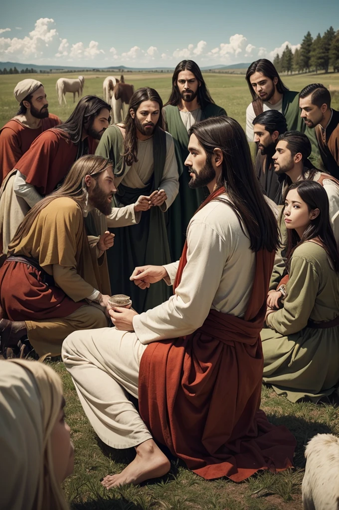 Jesus teaching the apostles in the pasture