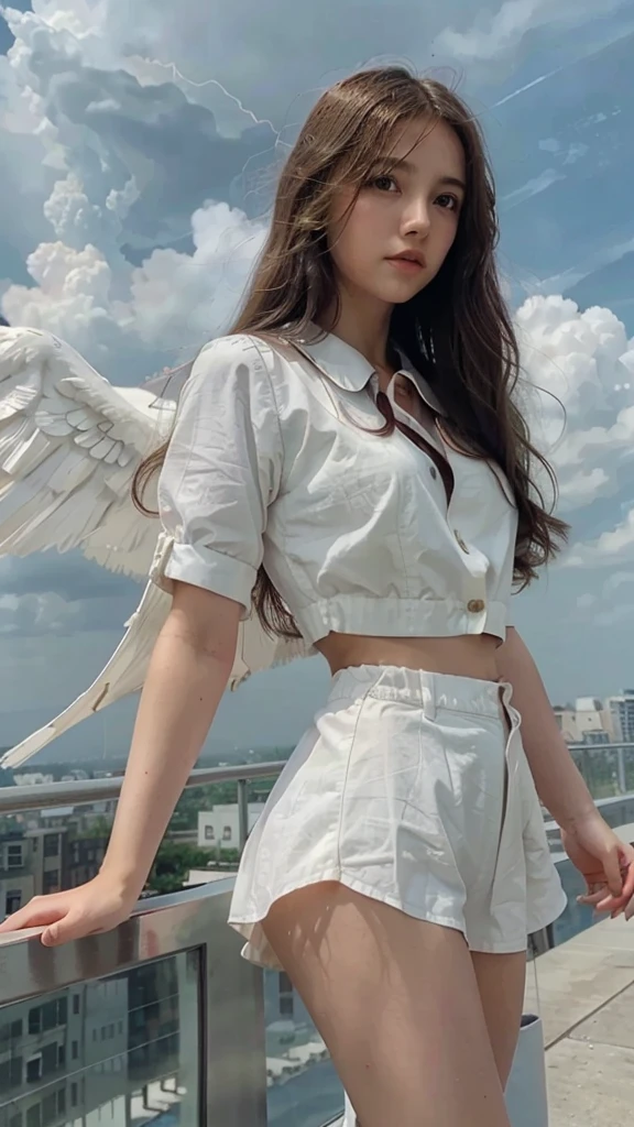 A beautiful girl, long hair, white wings, fly on the cloud, soft lightning