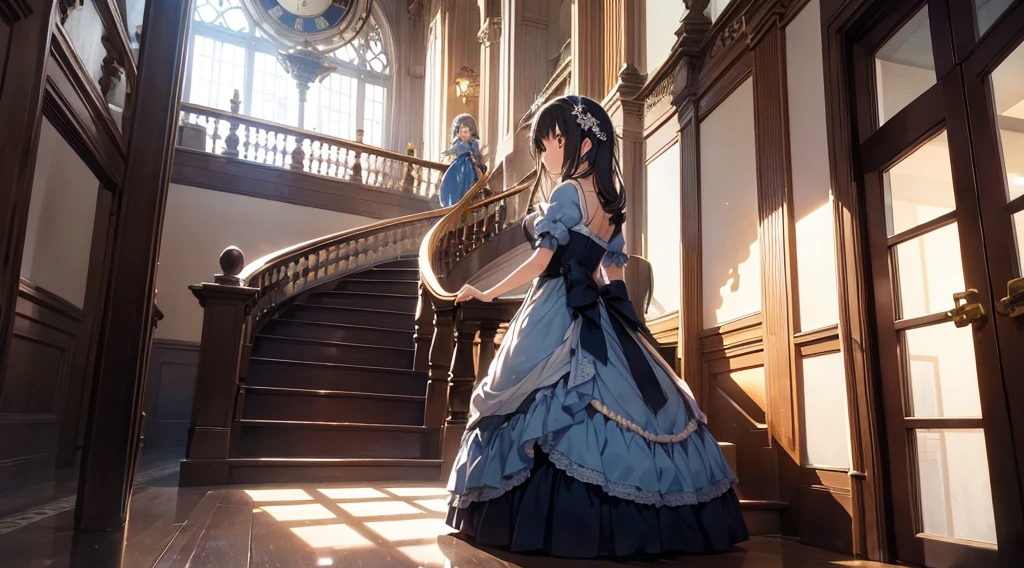 midnight、12 o'clock、Big Clock、Grand staircase in the castle、Cinderella runs down the stairs barefoot、