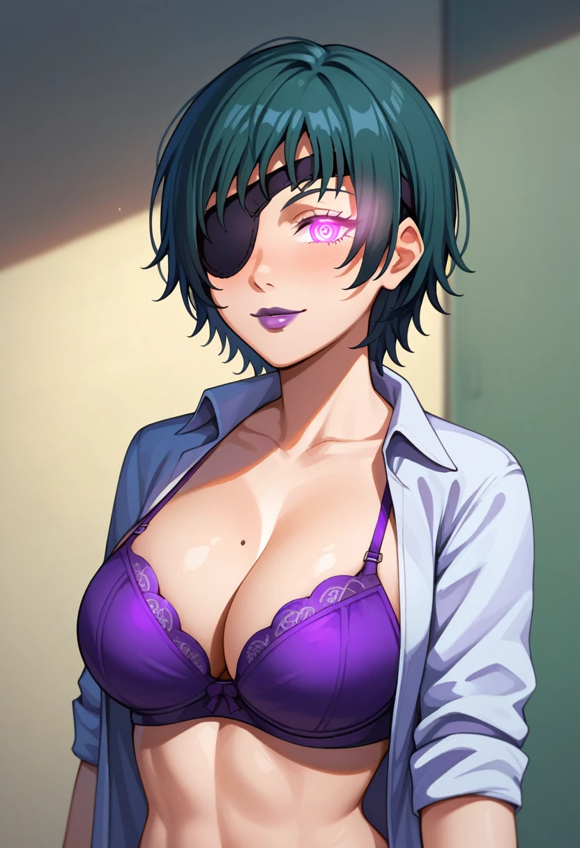 himeno, himeno(Chainsaw Man), 1girl, solo, mature female, mature, Adult, black hair, short hair, eyepatch, purple bra, NeonHypnoPMV Style, purple eyes, glowing eyes, hypnotized, mind control, onlyfans, battlestation, brainwashed, Villains, purple lips, masterpiece, Top animation quality, Top image quality,