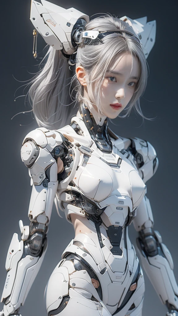 {{best quality, 1080P, Masterpiece, Ultra high resolution, photorealistic, ultra realism, Realistic skin texture, Extreme skin detail, dslr, Detailed eyes, Facing the camera, very beautiful face, Concise facial structure, Pale skin, Realistic skin texture, Extreme skin detail, oc render reflection textures, Realistic light and shadow, Single picture, alone, gray hair, The body is slim and balanced., Age 20, Height 170, naked girl, Nude, sexy pose, no underwear, A girl with the body of a mechanical robot., Transparent futuristic black glass mech armor suit, The mechanical cervix is attached to the neck., The robot circuit is stuck in the middle of the back., flat stomach, Girl with perfect robot arms and legs, full body view, Whole body photo.}}