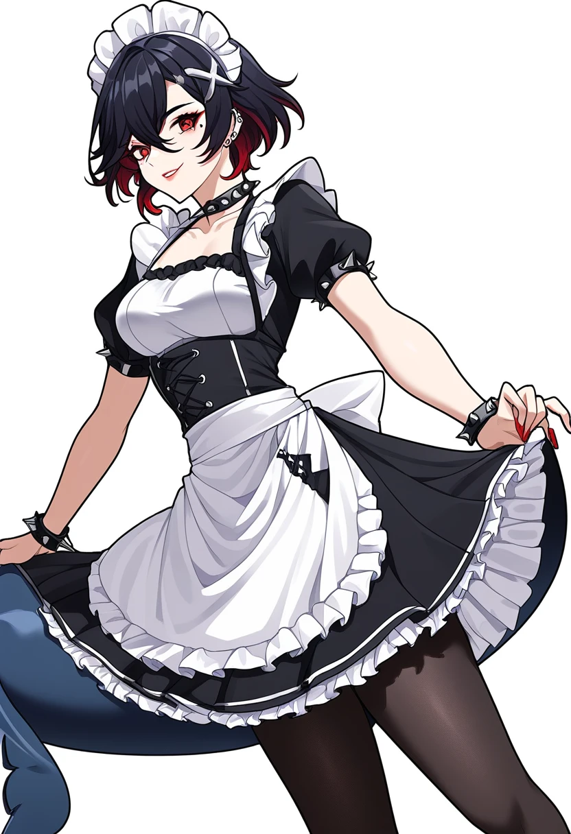 anime art style, 2d, intricate, masterpiece, dun, ellen_joe, genshin impact, (1girl), (solo), (black hair), short hair, red locks, red eyes, detailed eyes, mole under eye, hair between eyes, bangs, medium breasts, curvy body, makeup, (one tail), fish tail, black pantyhose, spiked choker, spiked bracelet, spiked headress, x hair ornament, ear piercing, red nail polish, maid, maid headress, white apron, black dress, puffy short sleeves, frilled wristband, covered collarbone, black high heels, parted skirt, black panties, (sexy smile), (cowboy shot), (standing), ((from back)), (spread legs), looking at viewer, (white background), (simple background)