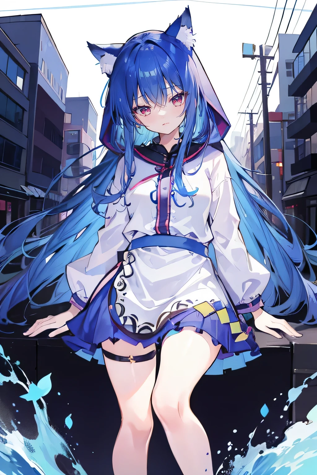 (masterpiece:1.2),Super detailed,lifelike,Expressive eyes,fair skin,perfect face shape,1 girl,
Japanese comics,Gorgeous blue hair,flowing blue hair,flowing clothes,Cat ears,Petals fall,beautiful lola,Baby Angel,
Shaking head with one hand,Cross your legs,smile, wearing hoodie,snowing,City streets。