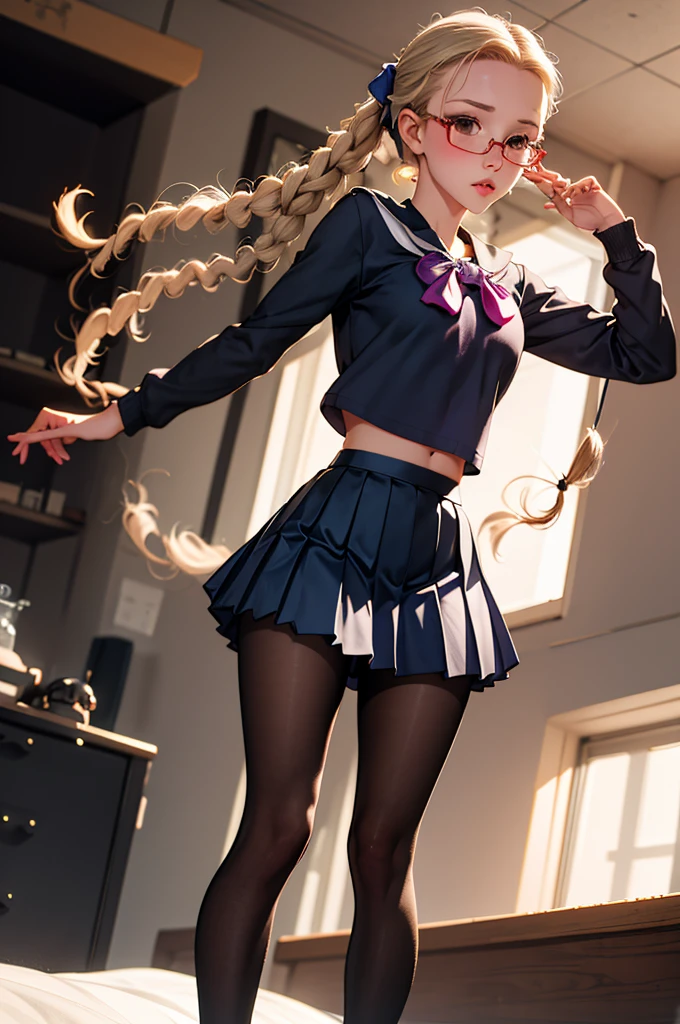 masterpiece, best quality), 1girl, tomi, tomi, serafuku, very  puffy  curly  hair,  head bow,  pleated skirt, under-rim eyewear, blue pantyhose




