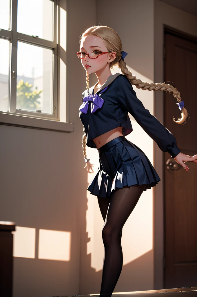 masterpiece, best quality), 1girl, tomi, tomi, serafuku, very  puffy  curly  hair,  head bow,  pleated skirt, under-rim eyewear, blue pantyhose




