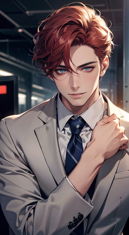 (Highest quality,4K,8K,High resolution,masterpiece:1.2),Super detailed,(Realistic,photoRealistic,photo-Realistic:1.37),1 person,31 years old,Mature Men,Beautiful skin, very handsome,Expressionless,smile in love,Short gray red hair,blue eyes,Sharp Eyes,A perfect face without a doubt,Businessman, CEO,Office Background,Cinema Lighting,HDR image,tie、