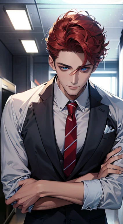 (Highest quality,4K,8K,High resolution,masterpiece:1.2),Super detailed,(Realistic,photoRealistic,photo-Realistic:1.37),1 person,31 years old,Mature Men,Beautiful skin, very handsome,Expressionless,smile in love,Short gray red hair,blue eyes,Sharp Eyes,A perfect face without a doubt,Businessman, CEO,Office Background,Cinema Lighting,HDR image,tie、