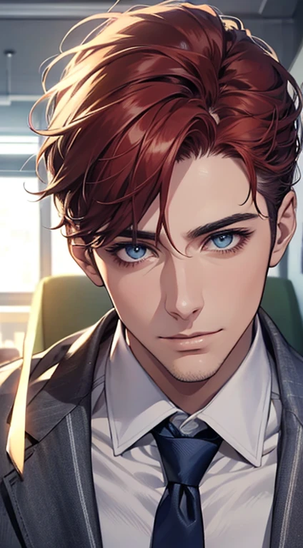 (Highest quality,4K,8K,High resolution,masterpiece:1.2),Super detailed,(Realistic,photoRealistic,photo-Realistic:1.37),1 person,31 years old,Mature Men,Beautiful skin, very handsome,Expressionless,smile in love,Short gray red hair,blue eyes,Sharp Eyes,A perfect face without a doubt,Businessman, CEO,Office Background,Cinema Lighting,HDR image,tie、