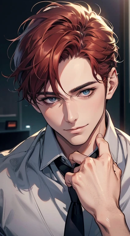 (Highest quality,4K,8K,High resolution,masterpiece:1.2),Super detailed,(Realistic,photoRealistic,photo-Realistic:1.37),1 person,31 years old,Mature Men,Beautiful skin, very handsome,Expressionless,smile in love,Short gray red hair,blue eyes,Sharp Eyes,A perfect face without a doubt,Businessman, CEO,Office Background,Cinema Lighting,HDR image,tie、