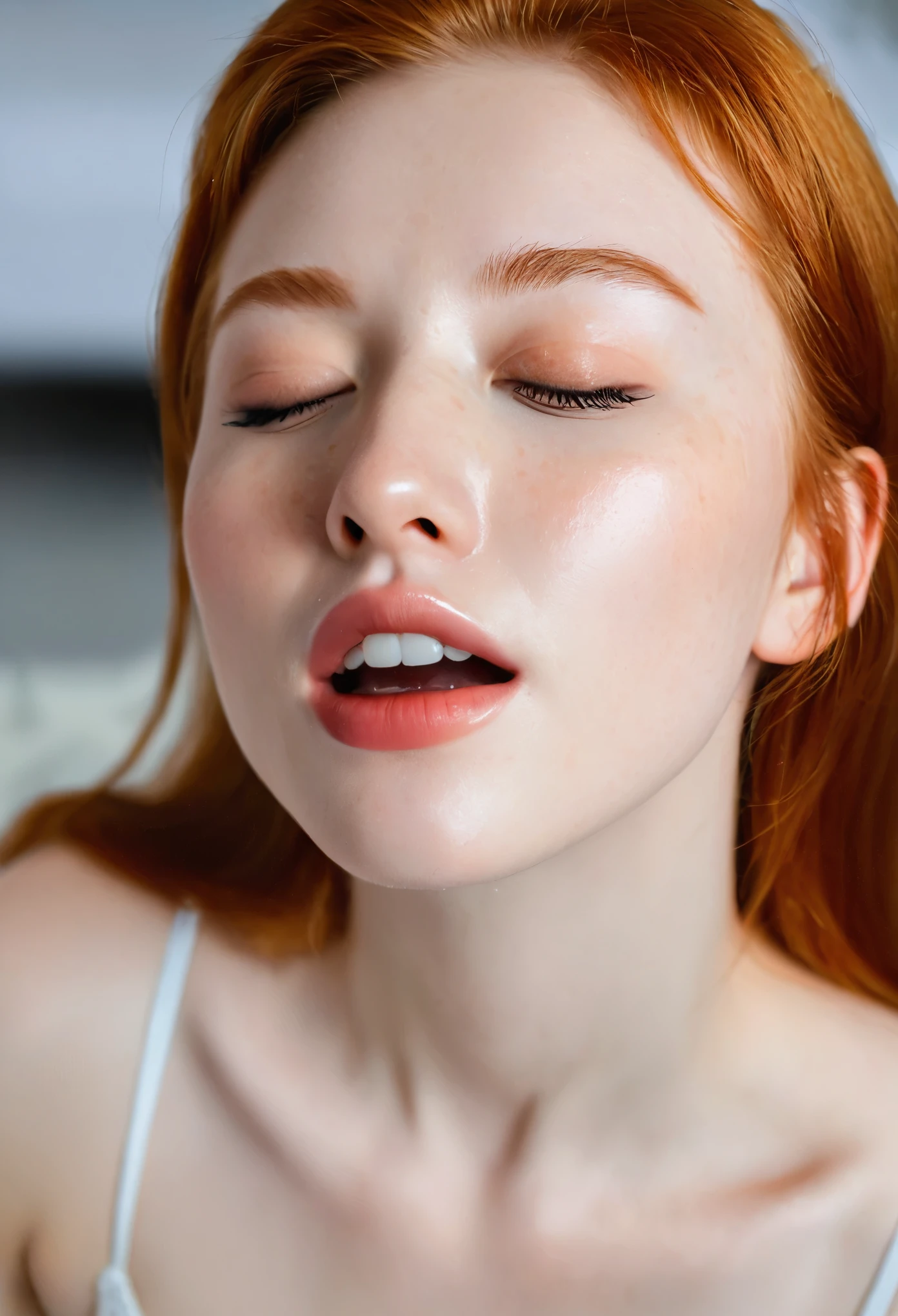 Photo of a ginger Russian girl on her knees looking up at the camera, pov, eye liner, bedroom, mouth open, eyes closed, a little white thick liquid on the face, DV_Chen_Vicious,