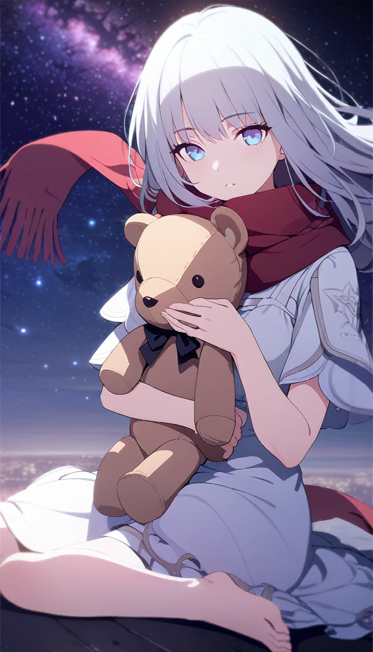 (((masterpiece))), (((best quality))),(((high detail))),light manipulation, girl with long silver hair, gradient purple to sky blue eyes, wearing a white dress, a red scarf, galaxy background, holding a teddy bear, feet, no footwear