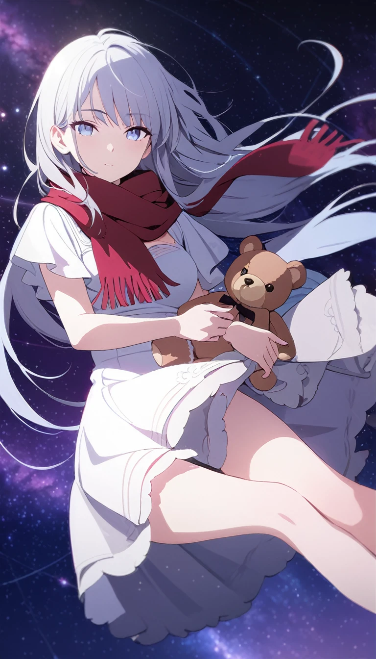 (((masterpiece))), (((best quality))),(((high detail))),light manipulation, girl with long silver hair, gradient purple to sky blue eyes, wearing a white dress, a red scarf, galaxy background, holding a teddy bear, feet, no footwear
