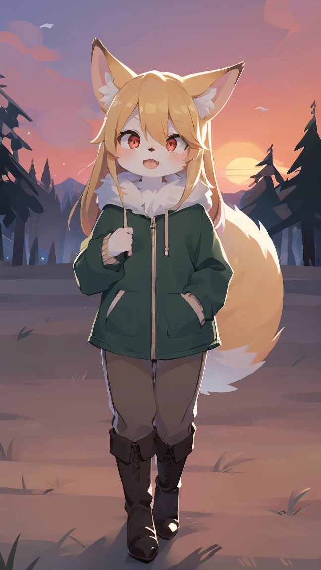 Fox, , It was hairy, Hairy, Fur, smooth eyelashes, Golden fur, Forelimb Hand, long blonde hair straight, Round eyes, Golden ears, Golden fur, golden face fur, Shiny Hair, Red eyes, Very cute face, 1Foxのしっぽ, Fluffy tail, Hairy尻尾, Glowing Eyes, Green coat Green hooded down jacket, Brown trousers, Knee-high boots,Stiletto heels,Are standing, Open your mouth, Zhou Haoguang, Very fine fur, Broken Eye, whole body, masterpiece, high quality, high detail, 最high quality, wide short, (((alone))), Twilight, Light of the sun, Red Sky, Rim Light
