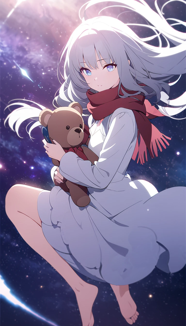 (((masterpiece))), (((best quality))),(((high detail))),light manipulation, girl with long silver hair, gradient purple to sky blue eyes, wearing a white dress, a red scarf, galaxy background, holding a teddy bear, feet, no footwear