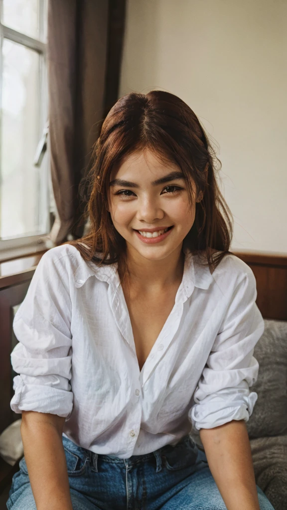 Cute woman in white shirt, depth of field, darkness, messy hair, Perfect face, Dark, evening, grainy, seductive smile, Closed eyes