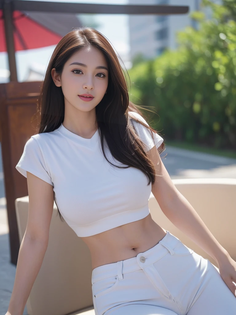 Masterpiece, best image quality, high quality, beautiful women, Japan, detailed, detailed eyes, detailed skin, beautiful skin, beach, ultra high resolution, (realistic : 1.4), very beautiful, slightly younger face, beautiful skin, slim, (surreal) ) ) ) ), (high resolution), (8K), (highest image quality: 1.35 ), high quality, Realistic photo, (A beautiful woman:1.33), beautiful expression, (exquisite eyes:1.3), (exquisite face:1.3), Smile, (shiny hair :1.2), Super detailed, high resolution, Sporty figure, (big breasts:1.25), (long hair:1.2), (beautiful woman), (Cute navel:1.2), ( Degree depth of field f/1.8:1.45 ), sharp focus, original photo , (Office shirt:1.45), (Short thin white pants:1.4), (Tight thin white pants:1.4 ), (Thick thighs : 1.5), (Forward:1.25), (cowboy photo:1.4)