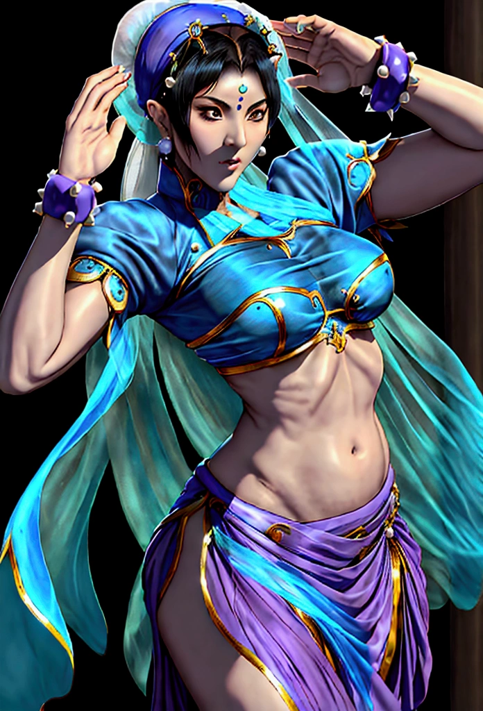 Chunli with blue turban headdress，She is wearing a belly dance skirt, a green belly dance skirt, and a purple veil that covers her entire face.