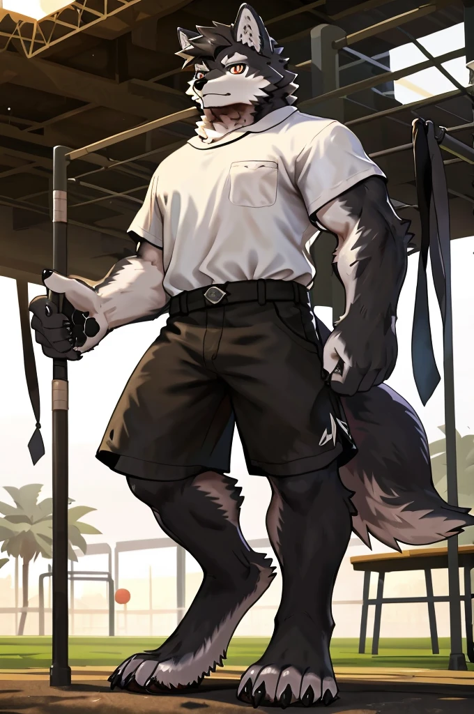 close up, furry, anthro, giant werewolf,wolf ears,wolf tail, dark grey and white fur, messy fur, neck floof, yellow glowing eyes, razor sharp teeth, muscular body, handsome, monstrous, tall, standing in a house, holding leash conected to dog collar, daytime, alone, wearing a red dog collar with dog leash, tight red boxer shorts with giant bulge, body covered in scars, pawpads, black pawpads, best quality, 4K, UHD, masterpiece,